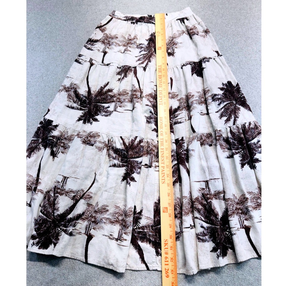 Cal Style Maxi Skirt Women S Cream Brown Palm Tree Tiered Linen Blend Boho Flowy - Picture 7 of 9